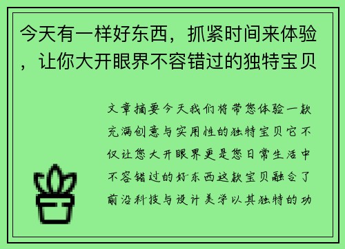 今天有一样好东西，抓紧时间来体验，让你大开眼界不容错过的独特宝贝